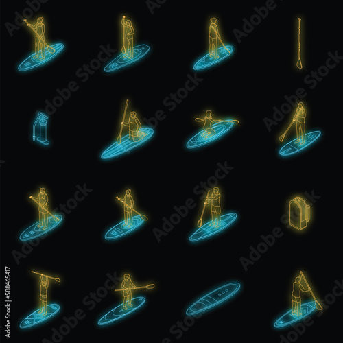 Sup surfing icons set. Isometric set of sup surfing vector icons neon color on black