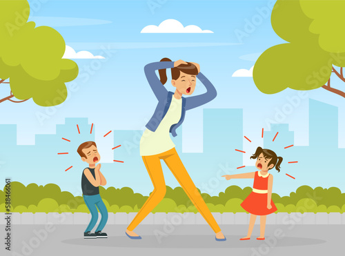 Tired Woman Mother Shouting Because of Crying Capricious Children Vector Illustration