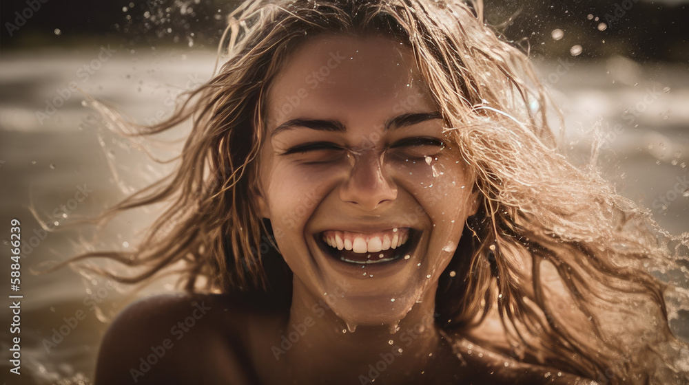 Joyful Liberation: A Woman with Brown Hair Leaps from the Sea, Her Hair Aflutter with Droplets, Her Laughter Echoing - Generative AI Joyful Liberation: A Woman with Brown Hair Leaps from the Sea, Her Hair Aflutter with Droplets, Her Laughter Echoing - Generative AI