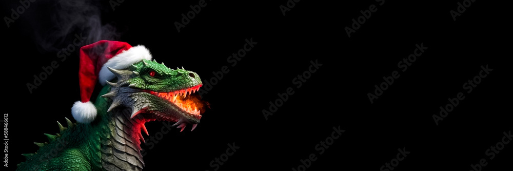 Obraz premium A dragon in a red Santa Claus hat. Year of the Dragon. Dragon isolated on black background. Long Banner with free space