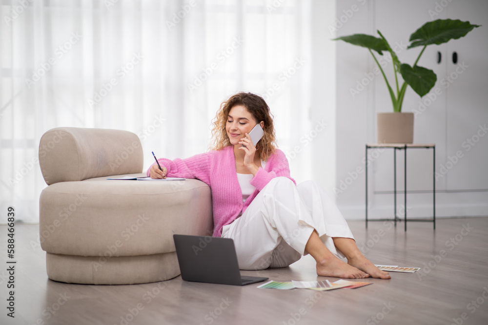 Remote Work. Freelance Designer Lady Using Cellphone And Laptop At Home Remote Work. Freelance Designer Lady Using Cellphone And Laptop At Home