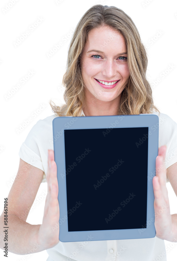 Woman showing tablet pc Woman showing tablet pc