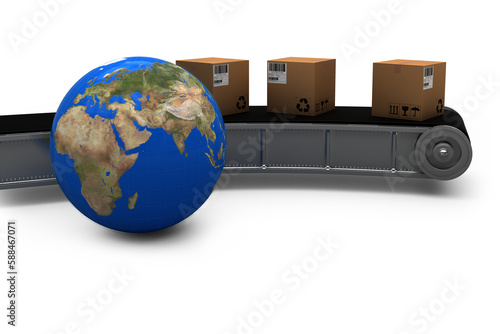 Composite image of globe and conveyor belt with boxes