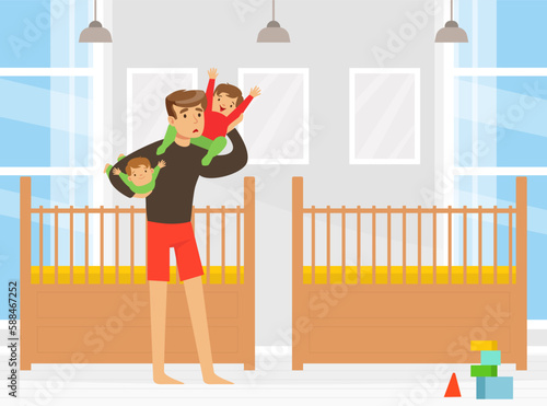Tired Man Dad Holding Naughty Children with Arms in Brattery Vector Illustration