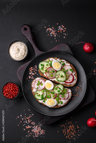 Delicious sandwich or bruschetta with cream cheese radish and green onions