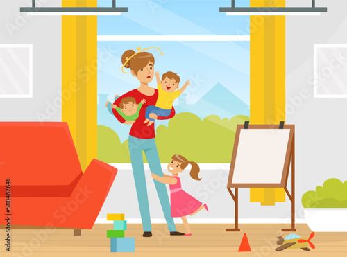 Tired Woman Mother with Naughty Children Jumping and Playing Around Vector Illustration