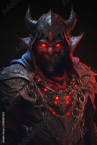 Horned demon with chains in armor with glowing eyes, using dark magic, dressed in black and red photo