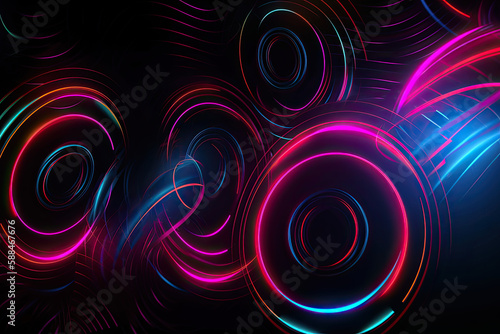 Neon Futurism: Modern Drawing of Vibrant Circles on Black Background for Trendy Stock Photos