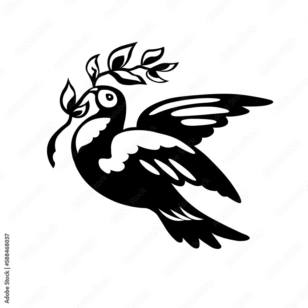 Heraldic black dove bird with branch. Symbol, sign, icon, silhouette