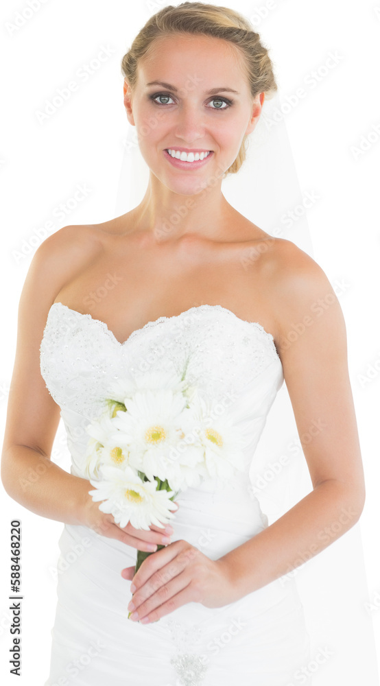 Beautiful smiling bride holding bouquet while standing against white backrgound