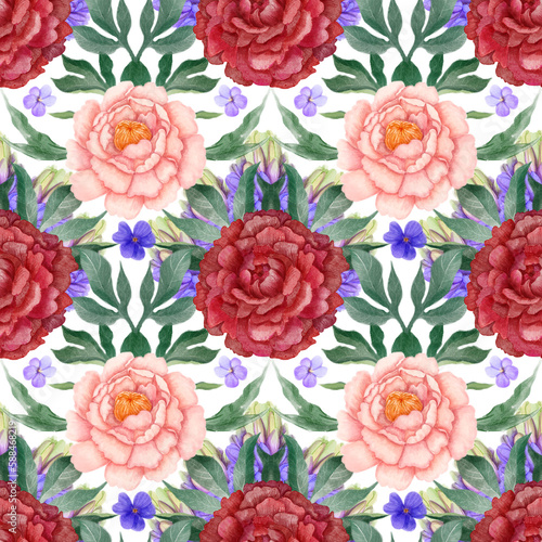 Seamless spring pattern with hyacinth, peonies and violets, on a white background