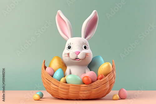 Whimsical Pink Hare on Easter Eggs with Generative Graphics and Nature Background: Modern Spring Art Decor Stock Photo