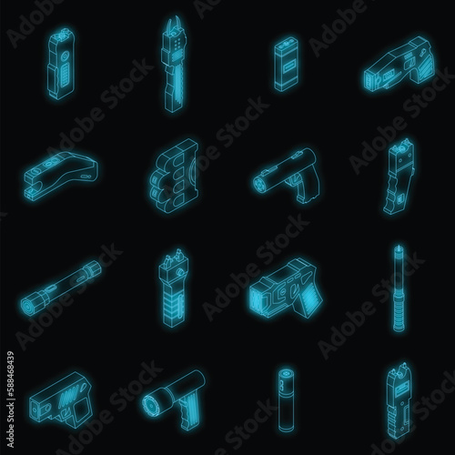 Taser icons set. Isometric set of taser vector icons neon color on black