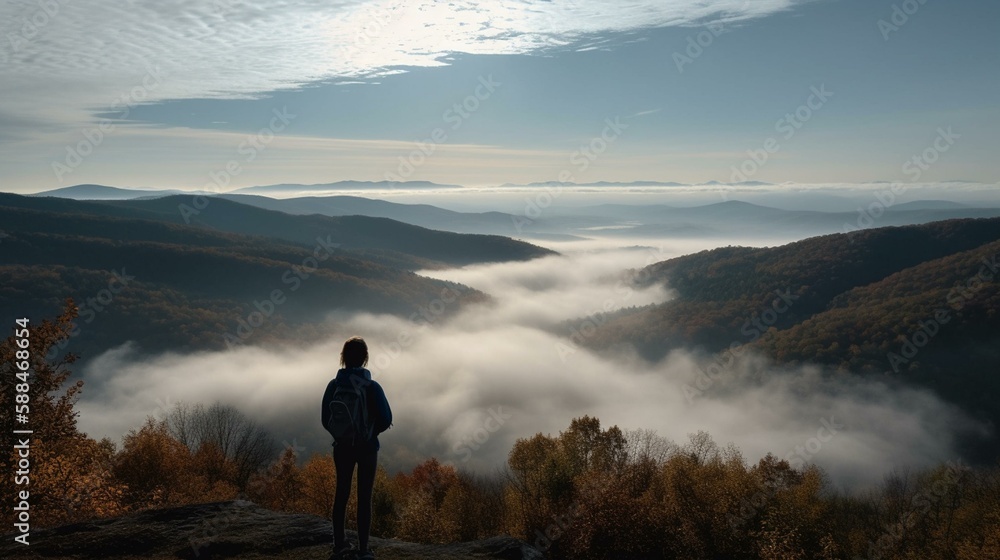 A person standing on a hill watching clouds form over a valley. Generative AI
