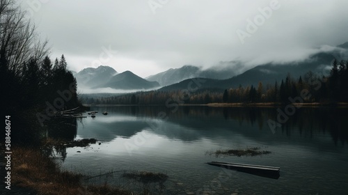 A cloudy day at a lake with a mountain range in the distance. Generative AI © Наталья Евтехова