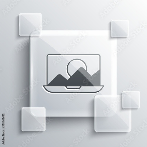 Grey Photo retouching icon isolated on grey background. Photographer, photography, retouch icon. Square glass panels. Vector