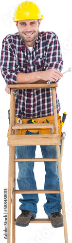 Repairman holding spanner while climbing ladder