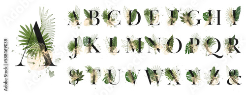 Tropical Floral Alphabet. Set letters with a botanical bouquet. Wedding invitations, greeting cards, birthdays, logos, posters other ideas. Vector illustration.