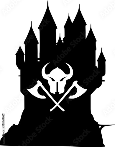 Silhouette: Bur, Festung - Symbol Wikingerhelm mit gekreuzten Äxten