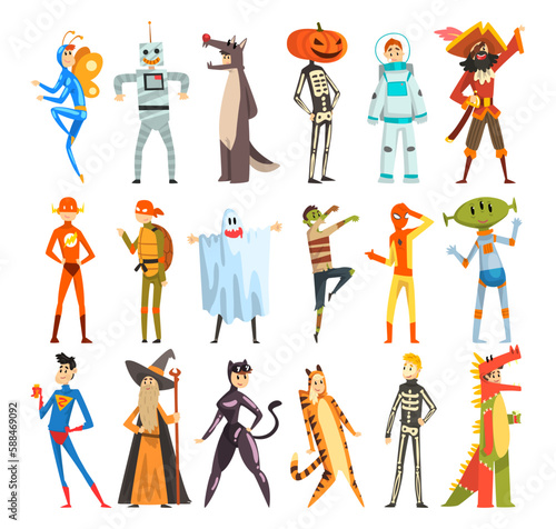 People Characters Wearing Carnival or Masquerade Fancy Dress and Costumes Vector Illustration Set