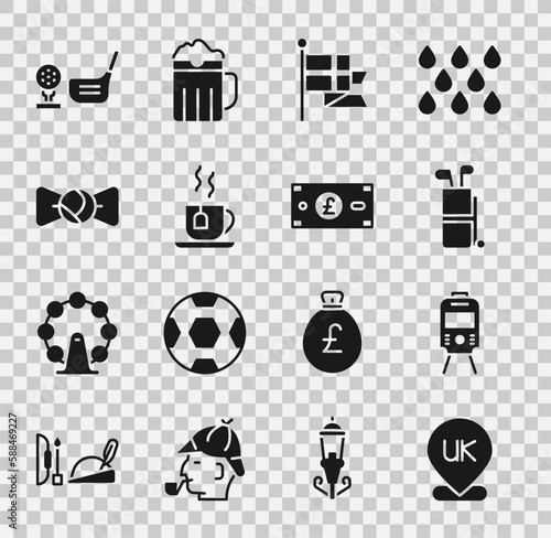 Set Location England, Tram railway, Golf bag with clubs, flag flagpole, Cup of tea tea, Bow tie, ball tee and Pound sterling money icon. Vector