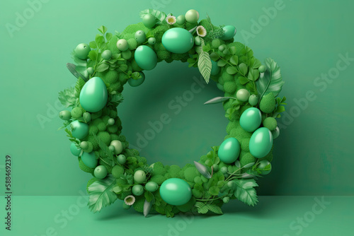 aster Egg Wreath Stock Photos on green Background - Creative Generative Graphics
