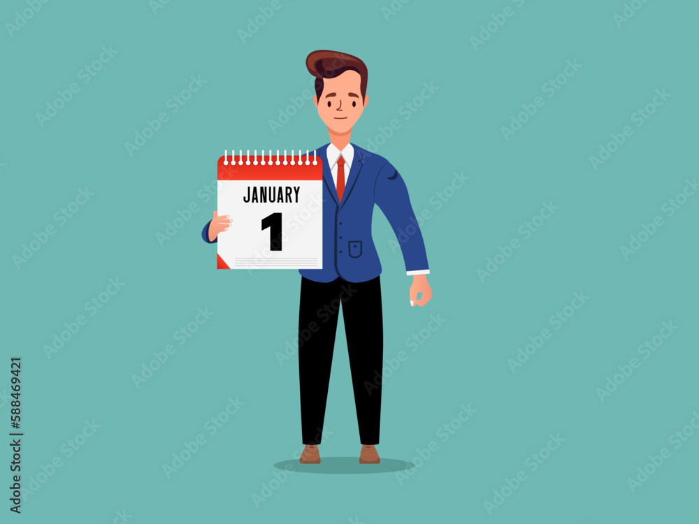 Businessman in a blue coat holding the calendar, showing the 1 date of January vector illustration design Businessman in a blue coat holding the calendar, showing the 1 date of January vector illustration design