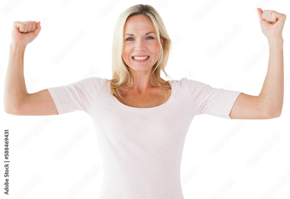 Happy blonde cheering and smiling at camera Happy blonde cheering and smiling at camera