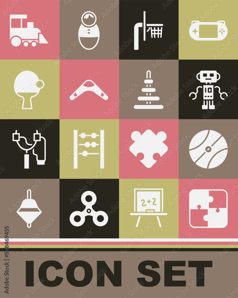 Set Puzzle pieces toy, Basketball ball, Robot, backboard, Boomerang, Racket and, Toy train and Pyramid icon. Vector Set Puzzle pieces toy, Basketball ball, Robot, backboard, Boomerang, Racket and, Toy train and Pyramid icon. Vector
