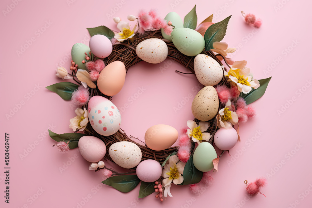 Generative Pink Easter Wreath on Pink Background - Stock Photos for Easter and Spring Decor
