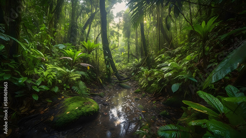 Breathtaking Rainforest Photograph  Lush Greenery  Serene Atmosphere  Perfect for Nature Lovers  Immersive Wildlife Scene  Dappled Sunlight  Dense Foliage and Moss-Covered Trees