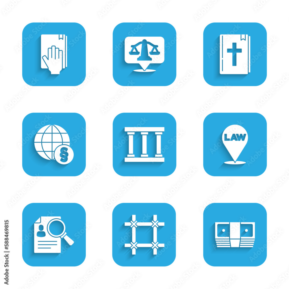 Set Prison window, Bribe money cash, Location law, Paper analysis magnifying, International, Holy bible book and Oath the Bible icon. Vector Set Prison window, Bribe money cash, Location law, Paper analysis magnifying, International, Holy bible book and Oath the Bible icon. Vector