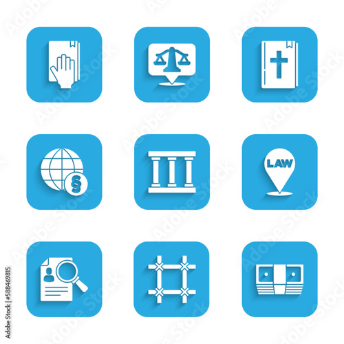Set Prison window, Bribe money cash, Location law, Paper analysis magnifying, International, Holy bible book and Oath the Bible icon. Vector
