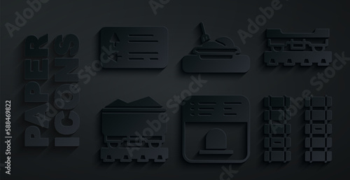 Set Ticket office to buy tickets, Cargo train wagon, Coal, Railway, railroad track, Plate with food and Road traffic signpost icon. Vector photo