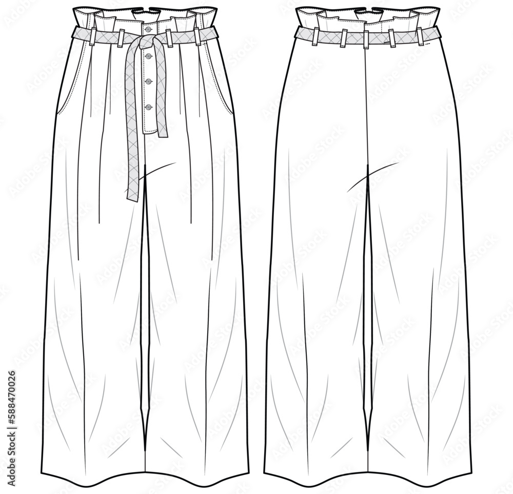 Women's belted mannish pants trouser flat sketch fashion illustration