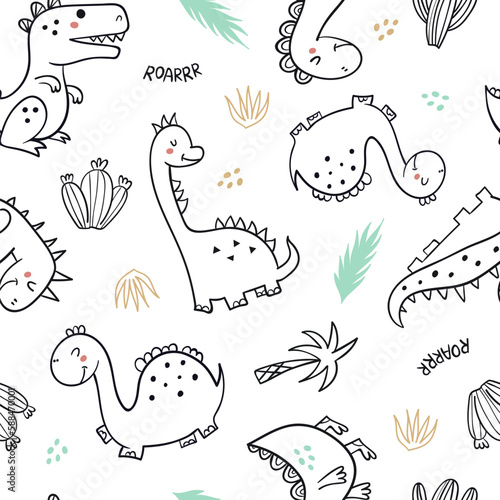 Seamless pattern with hand drawn dinosaurs
