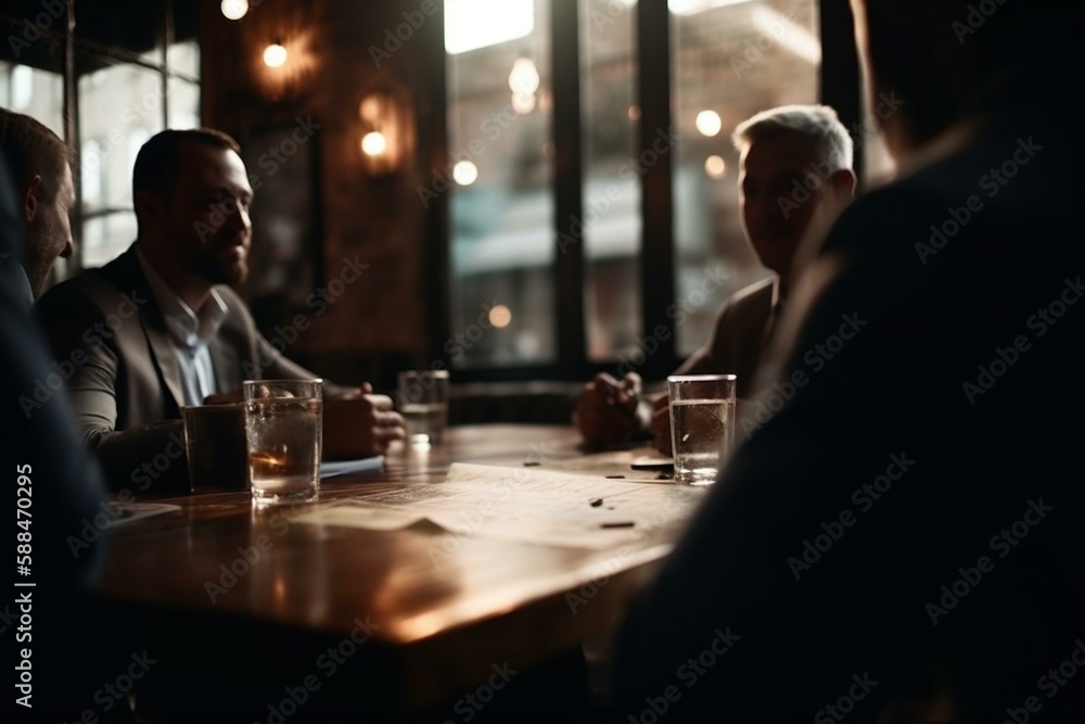 A business meeting in a coffee shop, bokeh, Non-existent person in generative AI digital illustration, Generative AI