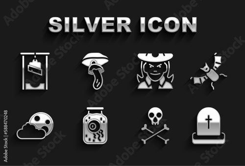 Set Eye in a jar, Flying bat, Tombstone with RIP written, Skull crossbones, Moon and stars, Witch, Guillotine and Psilocybin mushroom icon. Vector