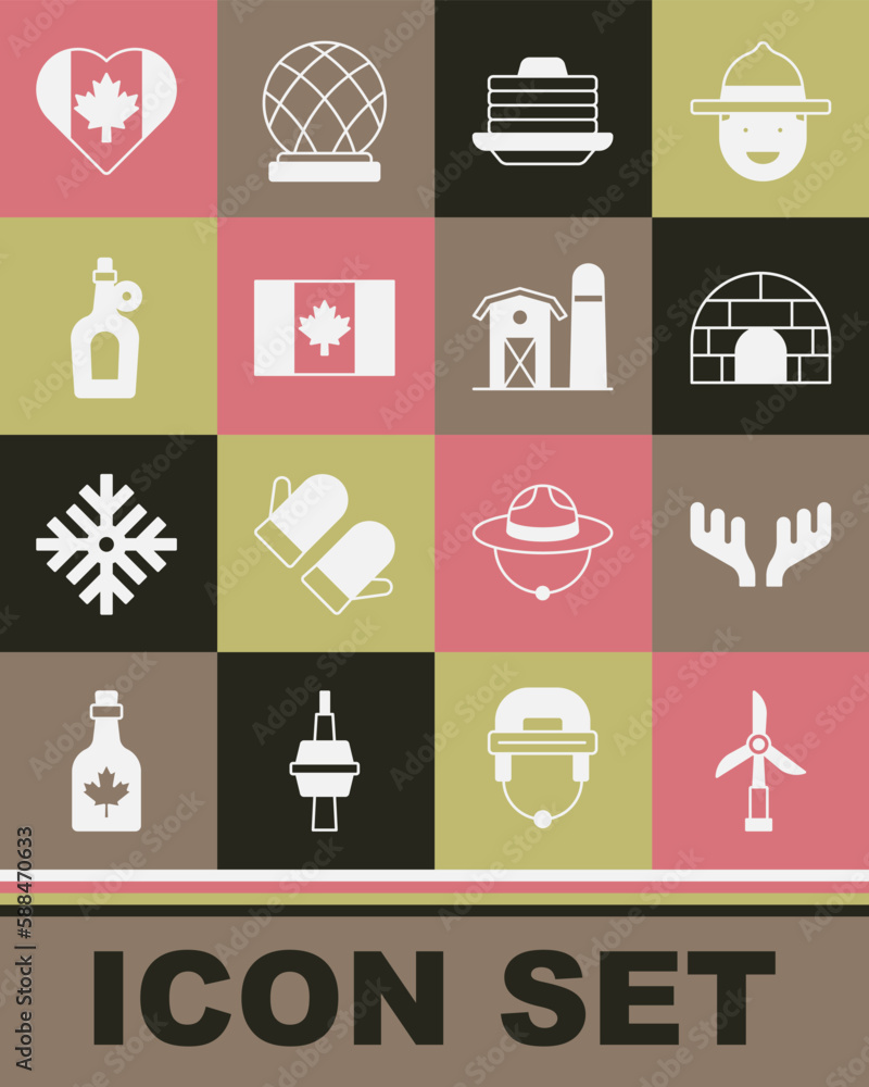 Set Wind turbine, Deer antlers, Igloo ice house, Stack of pancakes, Flag Canada, Bottle maple syrup, Heart shaped flag and Farm icon. Vector Set Wind turbine, Deer antlers, Igloo ice house, Stack of pancakes, Flag Canada, Bottle maple syrup, Heart shaped flag and Farm icon. Vector