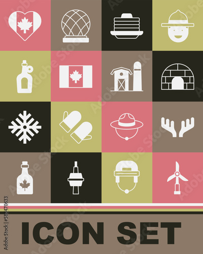 Set Wind turbine, Deer antlers, Igloo ice house, Stack of pancakes, Flag Canada, Bottle maple syrup, Heart shaped flag and Farm icon. Vector