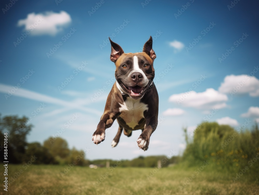 American Staffordshire terrier in mid-air. Generative AI
