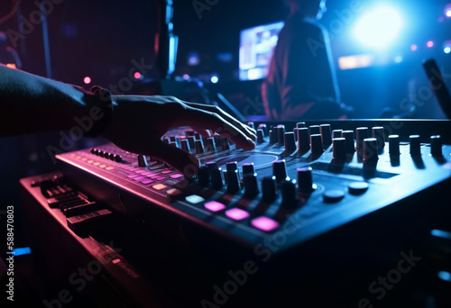 Dj playing music in nightclub on illuminated spinning deck with led lights.