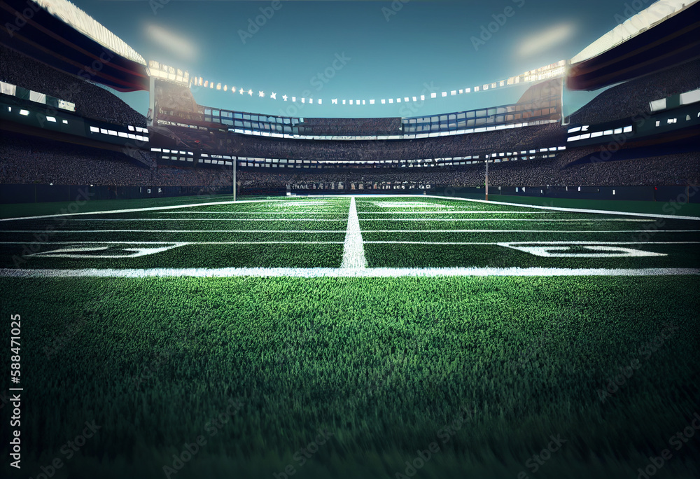 American football field from midline inside large stadium with green grass. American football field from midline inside large stadium with green grass.