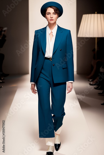Defile at fashion show of stylish young elegant luxury woman in blue hat and blue suit - jacket and pants in retro style