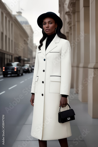 Street fashion portrait of stylish young elegant luxury African woman in black hat and white coat or jacket with handbag in retro style © Sergiy
