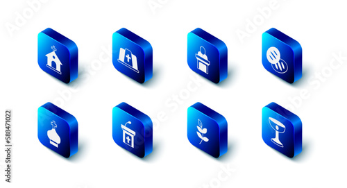 Set Pope hat, Church pastor preaching, Christian bread, chalice, Willow leaf, sermon tribune, church tower and building icon. Vector