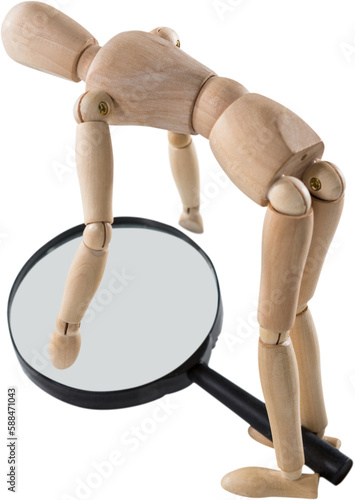 3d image of wooden figurine picking up magnifying glass