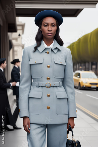 Street fashion portrait of stylish young elegant luxury African woman in blue hat and blue coat or jacket in retro style photo
