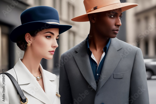 Street fashion portrait of stylish young elegant luxury couple - woman in blue hat and white jacket and African man in orange hat and gray jacket in retro style © Sergiy
