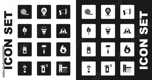 Set Megaphone, Fire cone bucket, Burning match with fire, hose reel, Firefighter helmet, Location flame, and Walkie talkie icon. Vector